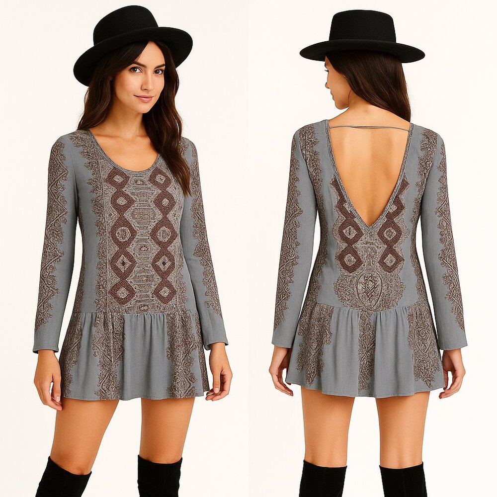 Free People XS Bohemian Paisley Drop-Waist Mini Dress in Dusty Gray-Blue